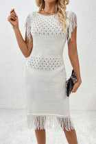 Casual Solid Color Hollow Out Tassel O Neck Sweater Dress Dresses