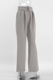 Casual Solid Color Buttons Loose High Waist Straight Solid Color Bottoms