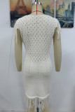 Casual Solid Color Hollow Out Tassel O Neck Sweater Dress Dresses