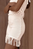 Casual Solid Color Hollow Out Tassel O Neck Sweater Dress Dresses
