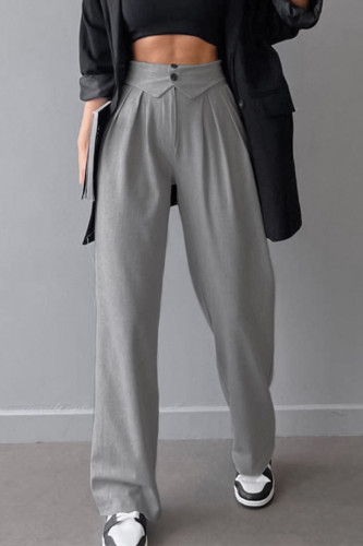 Casual Solid Color Buttons Loose High Waist Straight Solid Color Bottoms
