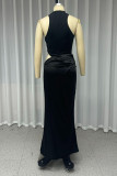 Sexy Solid Color Hollow Out Half A Turtleneck Sleeveless Two Pieces