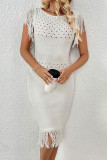 Casual Solid Color Hollow Out Tassel O Neck Sweater Dress Dresses