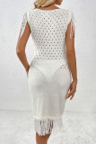 Casual Solid Color Hollow Out Tassel O Neck Sweater Dress Dresses
