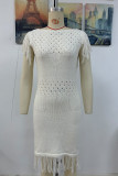 Casual Solid Color Hollow Out Tassel O Neck Sweater Dress Dresses