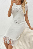 Casual Solid Color Hollow Out Tassel O Neck Sweater Dress Dresses