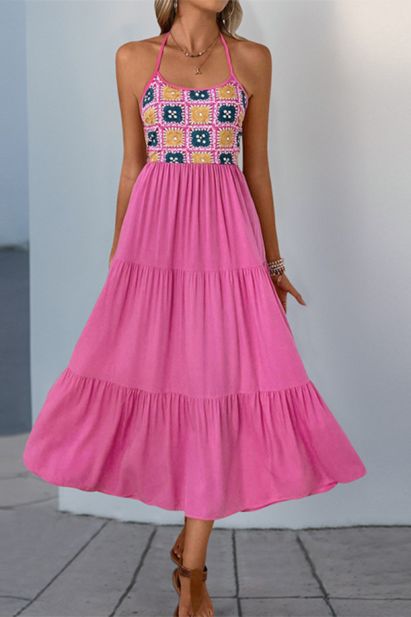 Bohemian Geometric Print Backless Contrast Halter Printed Dresses