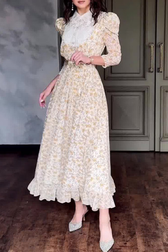 Elegant Flowers Lace Turndown Collar Cake Skirt Dresses