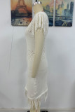 Casual Solid Color Hollow Out Tassel O Neck Sweater Dress Dresses