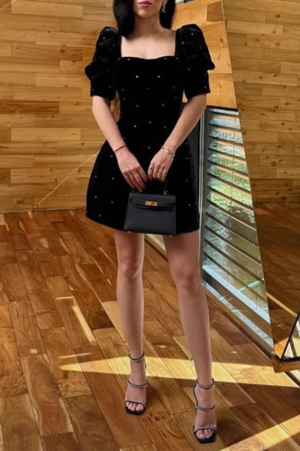 Elegant Solid Color Pearls Decor Square Neck Princess Short Sleeve Dress