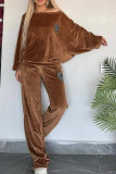 Casual Letters Patchwork Velvet O Neck Long Sleeve Two Pieces