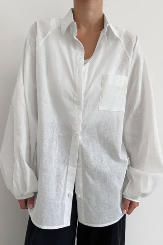 Casual Solid Color Pocket Buttons Turndown Collar Tops