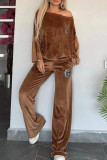 Casual Letters Patchwork Velvet O Neck Long Sleeve Two Pieces