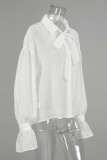 Sexy Solid Color Lace Up See-Through Turndown Collar Tops
