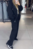 Casual Sportswear Solid Color Pocket Sequined Hot Drill Zipper Hooded Long Sleeve Two Pieces