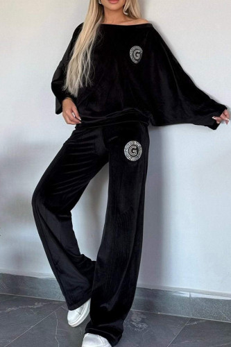 Casual Letters Patchwork Velvet O Neck Long Sleeve Two Pieces