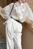 Sexy Solid Color Lace Up See-Through Turndown Collar Tops