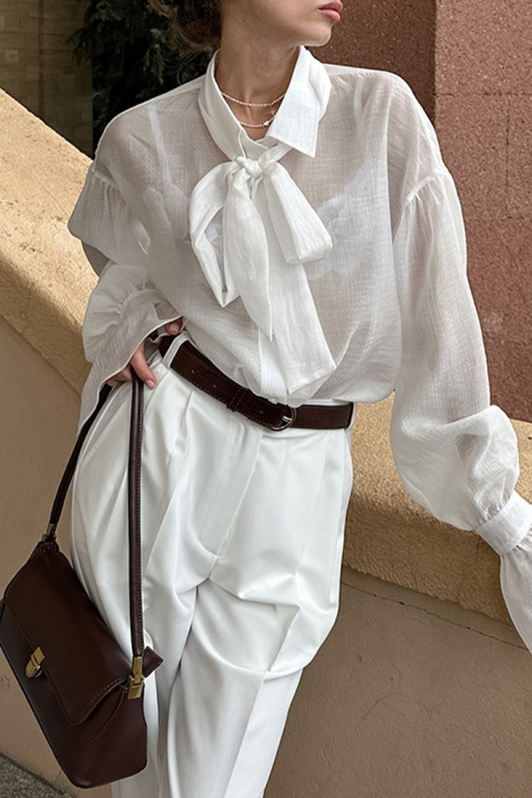 Sexy Solid Color Lace Up See-Through Turndown Collar Tops