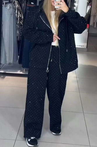Casual Sportswear Solid Color Pocket Sequined Hot Drill Zipper Hooded Long Sleeve Two Pieces