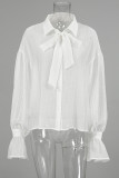 Sexy Solid Color Lace Up See-Through Turndown Collar Tops