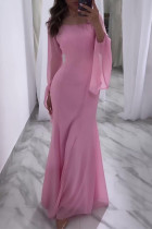 Elegant Solid Color Ruffle O Neck Long Dresses