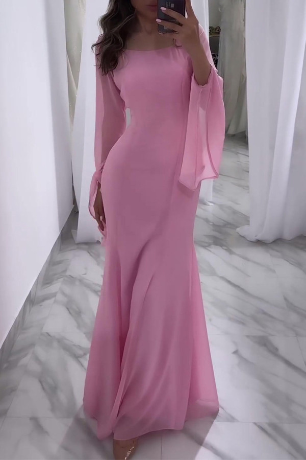 Elegant Solid Color Ruffle O Neck Long Dresses