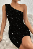Sexy Solid Color Sequined Sloping Shoulder Wrapped Skirt Dresses