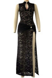 Sexy Solid Color Lace Hollow Out Slit O Neck One Step Skirt Dresses