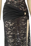 Sexy Solid Color Lace Hollow Out Slit O Neck One Step Skirt Dresses