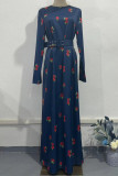 Elegant Flowers Print With Belt O Neck Long Dresses