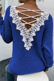 Sexy Solid Color Lace Backless V Neck Tops