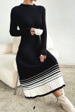 Elegant Stripe Weave Contrast O Neck Sweater Dress Dresses