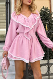 Casual Lace Patchwork Ruffle V Neck Long Sleeve Two Pieces