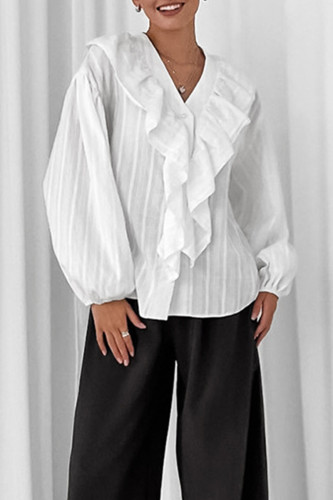 Casual Solid Color Jacquard Ruffle V Neck Tops