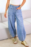 Casual Solid Color Distressed Pocket Lace Up Mid Waist Loose Denim Jeans
