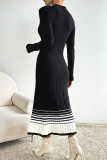 Elegant Stripe Weave Contrast O Neck Sweater Dress Dresses