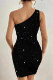 Sexy Solid Color Sequined Sloping Shoulder Wrapped Skirt Dresses