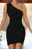 Sexy Solid Color Sequined Sloping Shoulder Wrapped Skirt Dresses