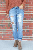 Street Solid Color Ripped Distressed Mid Waist Straight Denim Jeans
