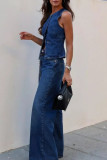 Casual Solid Color Buttons O Neck Sleeveless Two Pieces