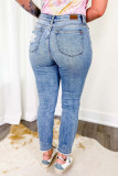 Street Solid Color Ripped Distressed Mid Waist Straight Denim Jeans