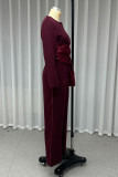 Casual Solid Color Lace Up O Neck Long Sleeve Two Pieces