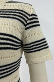 Sexy Stripe Slit Weave Contrast O Neck Short Sleeve Short Sleeve Dress