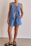Casual Solid Color Lace Up O Neck Sleeveless Two Pieces