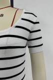 Casual Stripe Weave Contrast U Neck Short Sleeve Short Sleeve Dress
