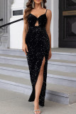 Sexy Solid Color Slit Sequined V Neck Evening Dresses
