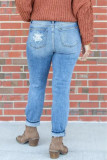 Street Solid Color Ripped Distressed Mid Waist Straight Denim Jeans