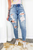 Street Solid Color Ripped Distressed Mid Waist Straight Denim Jeans