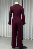 Casual Solid Color Lace Up O Neck Long Sleeve Two Pieces