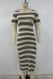 Sexy Stripe Slit Weave Contrast O Neck Short Sleeve Short Sleeve Dress